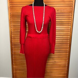 Ann Taylor Petite Red Ribbed Knit Midi Soft Sweater Dress